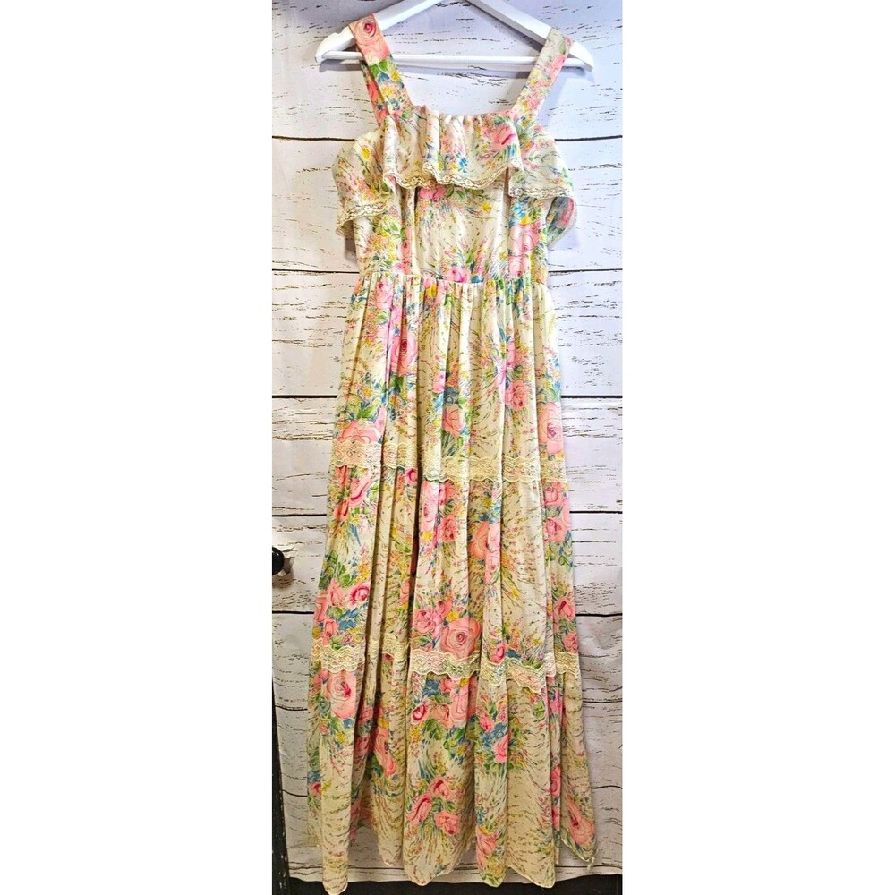 70s NOS ACT I New York Prairie Maxi Dress Floral Lace Size 11 XS
